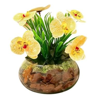 Imagem de Arranjo Decorativo De Orquideas Artificiais Em Silicone Realistas Com Vaso De Vidro Para salas quartos(Amarela)