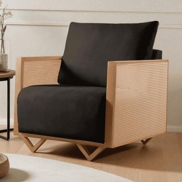 Imagem de Poltrona para Sala de Estar Madeira Maciça Palha Rattan Arthur Preto
