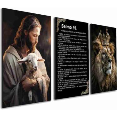 Imagem de Quadro Decorativo Jesus Cristo Cordeiro Salmo 91 Leão Rei Colorido Col