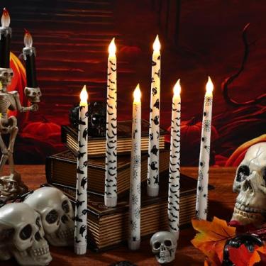 Imagem de Kittmip 6 peças de velas afuniladas sem chamas de Halloween de 28 cm de comprimento, morcegos de teia de aranha, fantasmas, velas de LED operadas por bateria, centro de mesa para decoração de mesa de