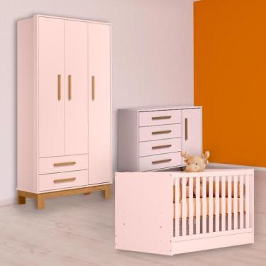 Imagem de Berço Mini Cama, Cômoda Sapateira Retrô e Guarda Roupa Rosa - Qmovi
