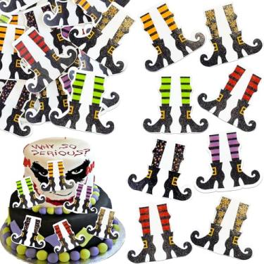 Imagem de Ephlyn 54Pcs Edible Halloween Cupcake Toppers Wafer Paper Witch Leg Cupcake Topper Witch Cake Decors Halloween Party Cake Decoration Supplies Black Orange Green