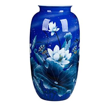 Imagem de AKALNNB Vaso de flores de cerâmica 51,8 cm grande vaso de porcelana azul e branco para casa, sala de estar, quarto, lótus, vasos decorativos pintados à mão, vaso de flores