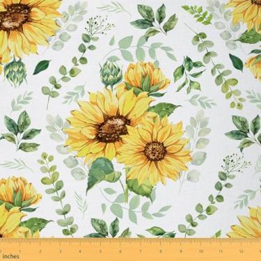 Imagem de Tecido rústico de girassóis por jarda, material floral aquarela por jarda, painéis de tecido vintage de flores country para acolchoamento, tecido de costura de plantas com folhas verdes, 3 metros, 274