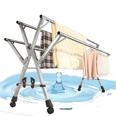 Imagem de CUTPOIY Escorredor de roupas dobrável ao ar livre, prateleiras para lavanderia, rack de roupas com rodas portátil, prateleira de secagem de 5 varões de aço inoxidável, organizador de lavanderia (160
