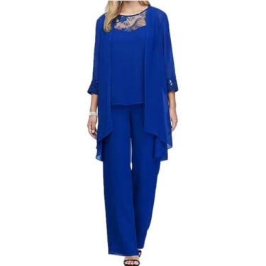 Imagem de Conjunto De 3 Peças De Chiffon Para Mulheres Iluding Tank Top 7 Manga Cardigan Calças Longas Vestido De Mãe De Casamento Elegante Para Mulheres Com Decote Em Torno De Renda Ci, Blue, 5XL