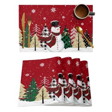 Imagem de Conjunto de 6 jogos americanos, vermelho Feliz Natal, boneco de neve, buffalo, xadrez, árvore de Natal, antiderrapante, lavável, para decoração de mesa de jantar, 33 x 48 cm,