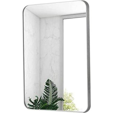 Imagem de Espelho de banheiro montado na parede cantos arredondados espelho de banheiro espelho de parede retangular moldura de liga de alumínio espelho suspenso para sala de estar quarto entrada parede