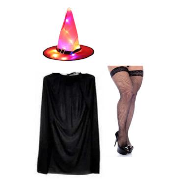Imagem de Fantasia De Bruxa C/ Chapéu Led Laranja Capa S/ Gola Preta e Meia Arrastão Preta