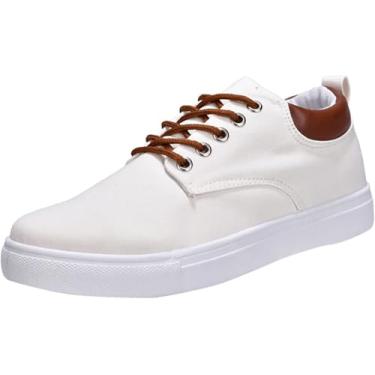 Imagem de Tênis masculino de lona com cadarço e cano baixo Plimsolls respirável casual moderno sapato social sola de borracha corrida, Branco, 8