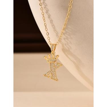 Imagem de 1 colar de coroa de diamante banhado a prata com letra A-Z para mulheres, joia fina, presente para mamãe, 40+6cm, Cobre, Sem Pedra Preciosa
