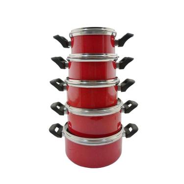 Imagem de Jogo Panelas Tampa Vidro Alumínio Batido Vermelho Craqueado