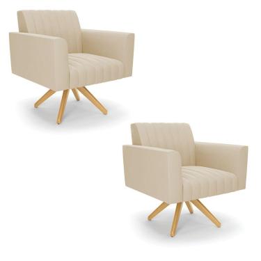Imagem de Kit 2 Poltronas Giratória Viena Gomada Suede Base De Madeira Ma30 - D'rossi Cor Bege