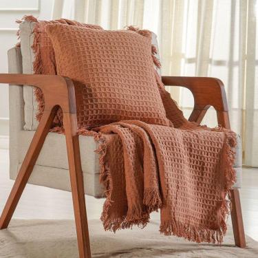 Imagem de Kit Manta E 2 Almofada Decorativa Para Sofá Waffle 100% Algodão 120x150cm Terracota
