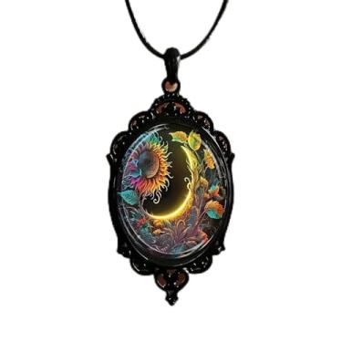 Imagem de Colar gótico de sol e lua para mulheres, pingente de vidro camafeu lunar vintage com corrente de corda, joia de bruxa estilo punk para presente de Dia dos Namorados, One Size (20-24 Inches), Metal