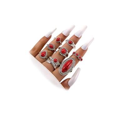 Imagem de OAOSIOH Conjunto de 8 anéis boêmios vintage turquesa para mulheres, exclusivo retrô oval cúpula pedra de cristal branco anel de dedo para dedo de vaqueira ocidental joias presentes de festa, Metal