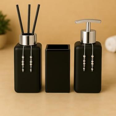 Imagem de Kit Banheiro Luxo Square – Sabonete Líquido, Difusor Aromatizante e Porta Escova de Vidro Decorativo 250ml (Preto Fosco C/Prata)