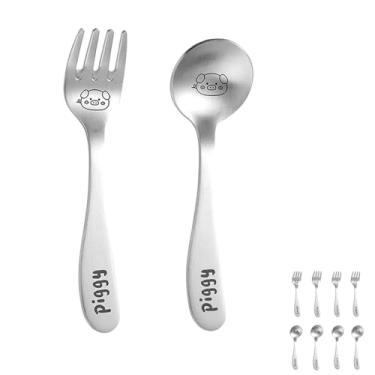 Imagem de Conjunto de colher e garfo de sobremesa de aço inoxidável – 2 mini utensílios para expresso, sorvete, sobremesa e mais disponíveis em dinossauros, pandas, coelhos, gatos e porcos (porcos)