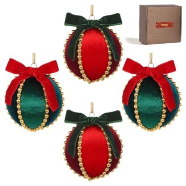 Imagem de Conjunto de enfeites de Natal de veludo, 4 peças de bolas vermelhas e verdes inquebráveis de 8 cm em caixa de presente, decorações de Natal elegantes para árvores, decoração de férias e presente