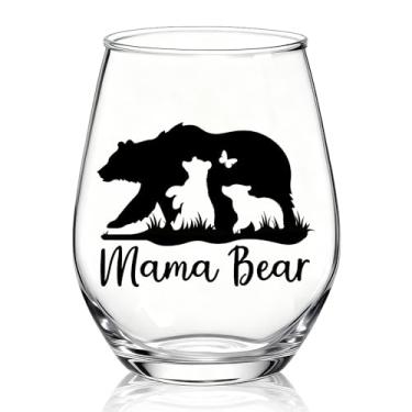 Imagem de XQLZY Taça de vinho sem haste Mama Bear, presente engraçado para mamãe urso com filhotes, taça de vinho para melhor mãe de meninos, meninas, Natal, aniversário, Ação de Graças, Dia das Mães, presentes
