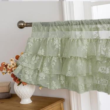 Imagem de Saia de renda com babados verde sálvia para painel Windows 1, L 137 x C 45 cm, cortina de saia rústica floral de primavera transparente para janela de cozinha, cortina curta com babados de privacidade