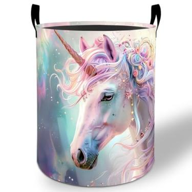 Imagem de Cesto de lavanderia unicórnio 50 x 40 cm, fantasia mágica, dobrável, à prova d'água, balde de armazenamento de roupas Oxford para quarto, banheiro, quarto de bebê, organizador de brinquedos, presentes