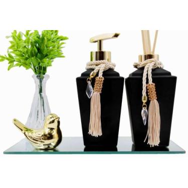 Imagem de Kit Lavabo Vidro Preto Fosco Super Luxo C/ Bandeja + Enfeite - Seve Gl