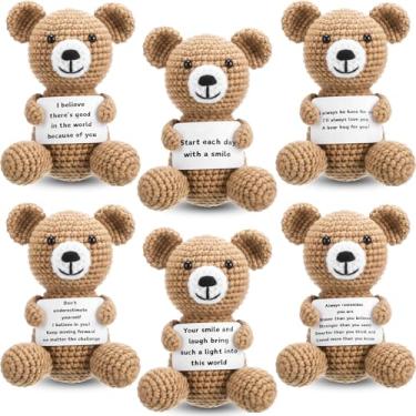 Imagem de Threehoney 6 peças de urso de crochê positivo, animais artificiais, decoração inspiradora para mulheres, colegas de trabalho, presentes para ela, amigos, filha, filho, presentes inspiradores feitos à