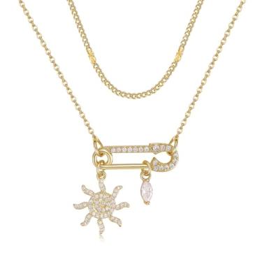 Imagem de TANTIUE Colar de clipe de papel feminino banhado a ouro 14 K com pingente de clipe de papel de zircônia cúbica girassol/cruz/sol/lua/gotas de água com corrente em camadas, joias presentes para ela