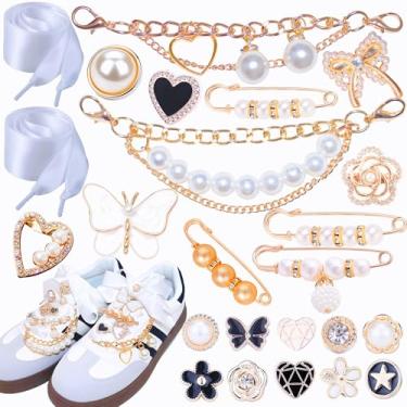 Imagem de Rozecollin Pingentes de sapatos para tênis, pingentes de renda de sapato de pérola, alfinetes de meias de lixo, correntes de sapato, laços/clipes, decoração elegante para mulheres e meninas, chapéus