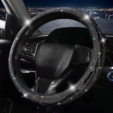 Imagem de Capa de volante feminina com diamantes brilhantes, capas de volante fofas de couro com strass de cristal, respirável, antiderrapante, ajuste universal, acessórios de carro de 38 cm, A