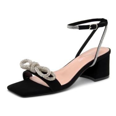 Imagem de Shoe Land Salto baixo feminino – bico quadrado aberto tira no tornozelo salto grosso | Sandálias sociais com laço duplo para casamento, noiva e festa, 2910blacksilver, 35