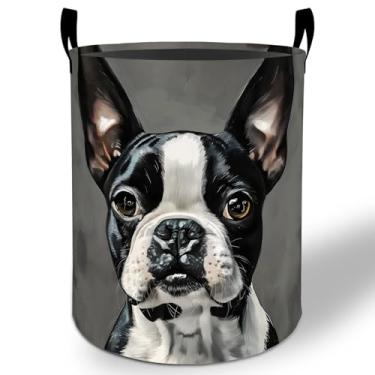 Imagem de Cesto de roupa suja Boston Terrier 50 x 40 cm, balde de armazenamento de roupas Oxford dobrável à prova d'água para quarto, banheiro, quarto, berçário, organizador de brinquedos, presentes para
