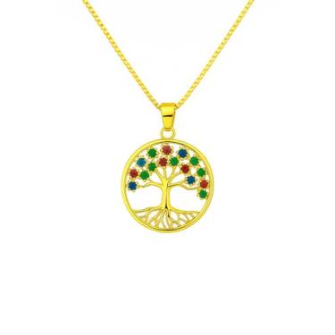 Imagem de AURUM SEMIJOIAS | Colar Choker Feminino Dourado com Pingente Árvore da Vida Cravejado em Zircônias Coloridas e Delicadas, Corrente Veneziana de 45cm, Folheado a Ouro, Semijoias Finas para Mulheres de Bom Gosto, Presente, Aniversário, Dia das Mães, Namorada, Esposa, Colár Moderno, Tendência da Moda. 