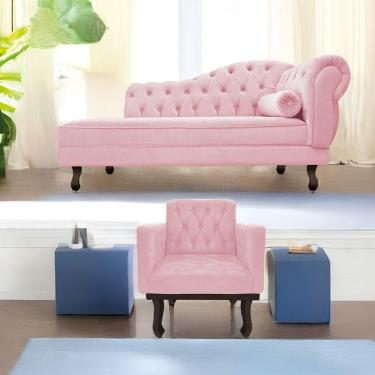 Imagem de Kit Diva Recamier Diana 140cm Lado Esquerdo e 01 Poltrona Classic Suede Rosa Bebê