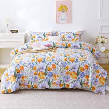 Imagem de Mooreeke Capa de edredom tamanho king, conjunto de 3 peças de capa de edredom floral roxo laranja com fecho de zíper, macio e respirável, estampa botânica, conjunto de cama de microfibra com 4 laços