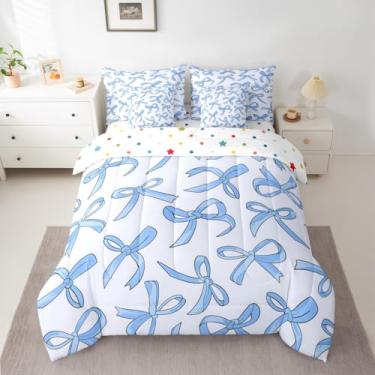Imagem de jejeloiu Conjunto de edredom kawaii com laço fofo de 7 peças, para crianças, adolescentes, azul, decoração de quarto, microfibra leve e macia