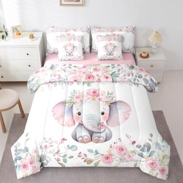 Imagem de Erosebridal Jogo de cama infantil fofo de elefante kawaii kawaii em uma bolsa com lençol com estampa de animal rosa floral, animal, 7 peças, aquarela e vida selvagem