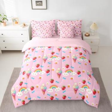 Imagem de jejeloiu Conjunto de edredom de 7 peças, solteiro, de morango, arco-íris, para crianças, adolescentes, rosa, para decoração de quarto, microfibra leve e macia