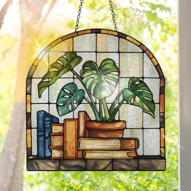 Imagem de Protetor solar de acrílico colorido, decoração de janela suspensa de plantas com design de vitral impresso, apanhador de sol, arte de parede de arco-íris, ornamentos de Natal para uso interno e