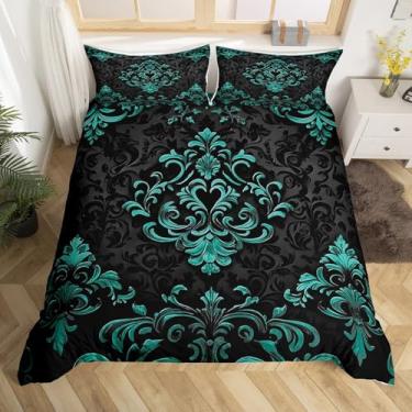 Imagem de Erosebridal Capa de edredom Queen gótico turquesa preta, vintage, boêmio, damasco, floral, boêmio, exótico, gótico, para crianças, adultos, vitoriano, barroco, conjunto de cama de 3 peças
