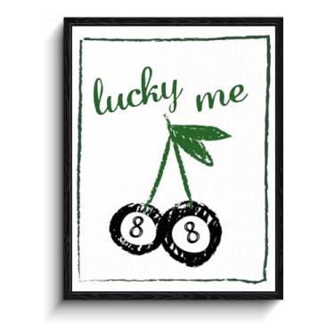 Imagem de Arte de parede Lucky Me Cherry 88, impressão de frutas minimalista verde com oito bolas de bilhar, pôster de tela emoldurada para decoração de sala de jogos, bar de cozinha, 30,5 x 38 cm