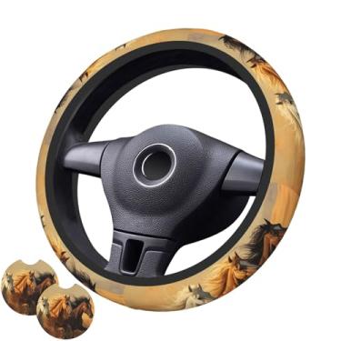 Imagem de Capa de volante de cavalo retrô com 2 porta-copos de carro antiderrapante de neoprene para mulheres e homens, conjunto universal de 38 cm, elegante e prático