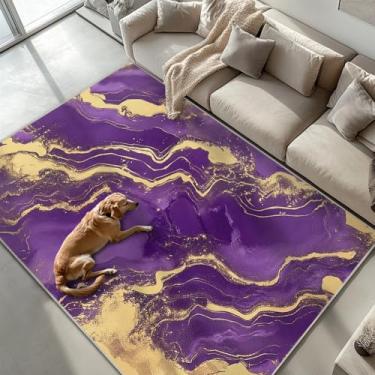Imagem de Tapete de área 15 x 23 cm, roxo e dourado, moderno, para sala de estar, interior, lavável à máquina, tapetes abstratos, ultramacios, para sala de jantar, antiderrapante, para escritório em casa