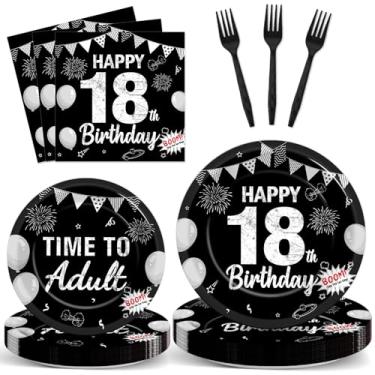 Imagem de 96 peças de pratos e guardanapos de papel para festa de aniversário de 18 anos, prato de papel para adultos de 18 anos, conjunto de utensílios de mesa descartáveis para meninos e meninas, decoração de
