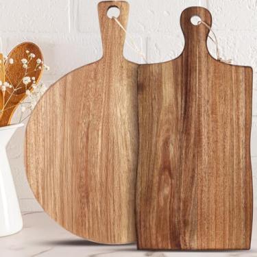 Imagem de Hsei 2 peças de tábua de corte de madeira de acácia com alça tábua de charcutaria de madeira grande conjunto de entalhe de manteiga para queijo carne e pão de frutas (estilo irregular, 40 x 30 cm, 40