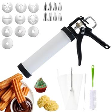 Imagem de AlgoELF Conjunto manual de pistola de prensa de biscoito Spritz 3 em 1, kit de máquina Churrera Churro, grande capacidade para 2 xícaras, 1 saco de confeitar e ponta, 10 discos para churro e biscoito