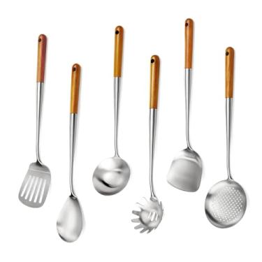 Imagem de Conjunto de utensílios de cozinha de aço inoxidável de 42 cm com cabo de madeira, conjunto de 6 utensílios de cozinha longos de metal para comerciais, inclui espátula wok, concha, escumadeira