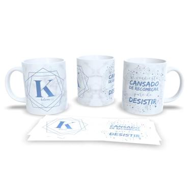 Imagem de Caneca Motivacional com Frase 'Se Você Está Cansado de Recomeçar Pare de Desistir', Cerâmica Branca, Design Geométrico Azul (k)