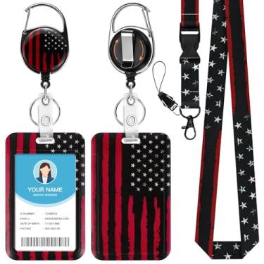 Imagem de Soleebee Porta-crachá de identificação com cordão, crachás de identificação da bandeira americana vermelha preta e cordão destacável, chaveiro retrátil, carretel resistente com mosquetão giratório de